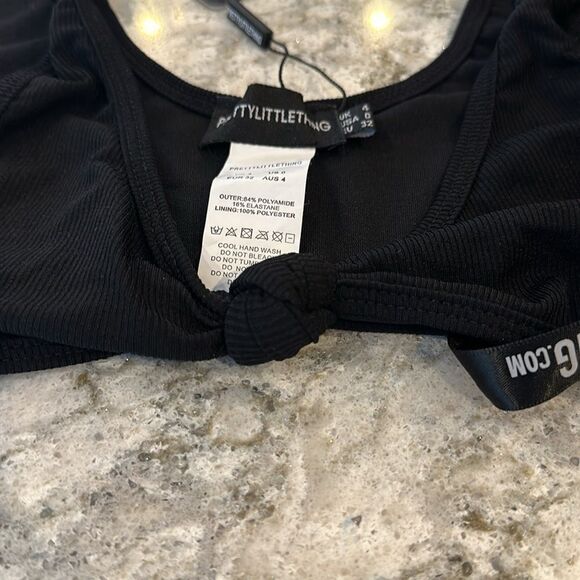 👙 Pretty Little Thing Black Knotted Rib Bikini Top - Size 0 - New With Tags - Picture 2 of 5